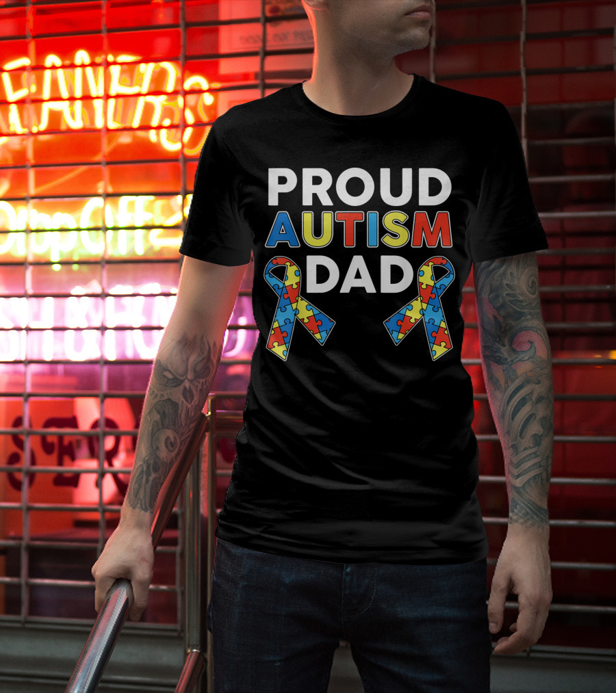 Proud Autism Dad Awareness Ribbon Puzzle T-Shirt