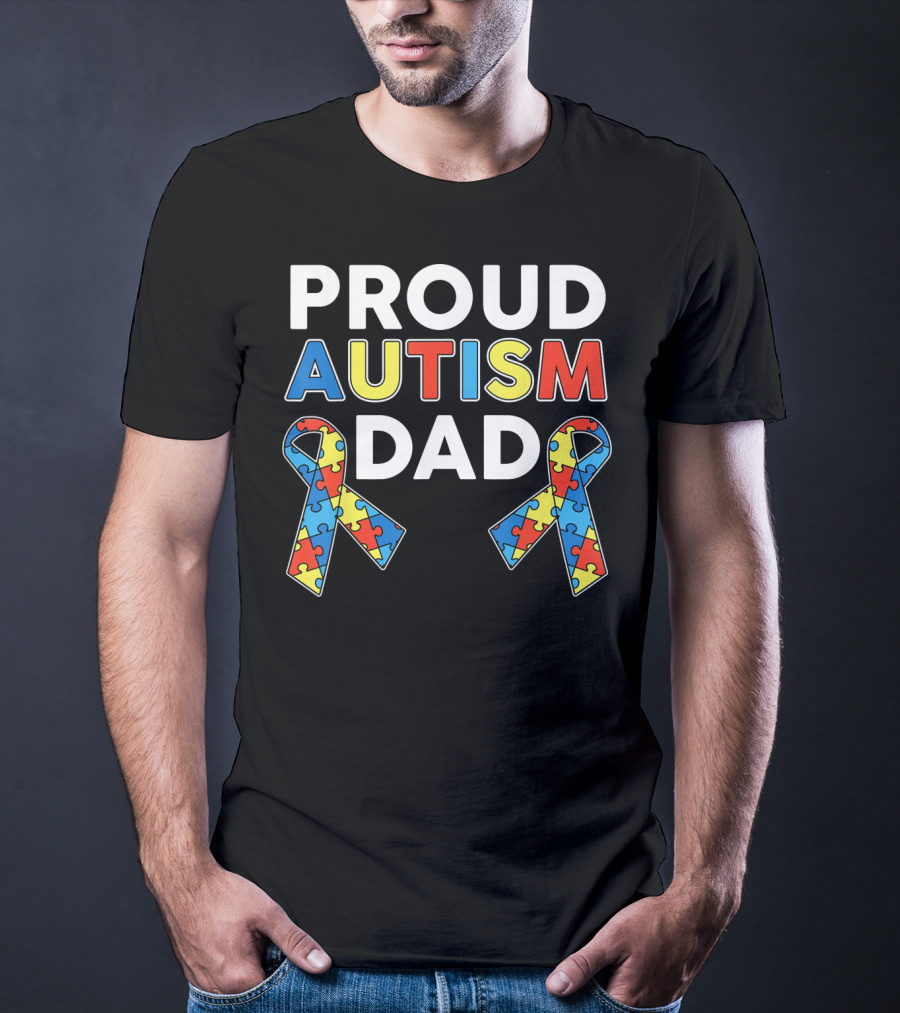 Proud Autism Dad Awareness Ribbon Puzzle T-Shirt