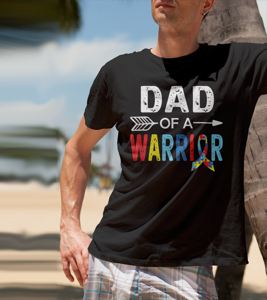 Dad Of A Warrior Autism Awareness Puzzle Ribbon Arrow T-Shirt