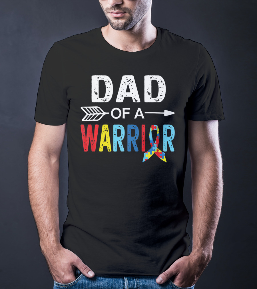Dad Of A Warrior Autism Awareness Puzzle Ribbon Arrow T-Shirt