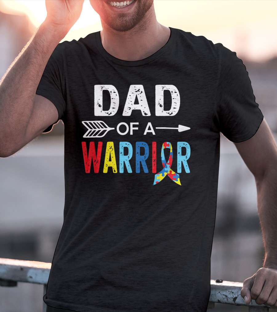 Dad Of A Warrior Autism Awareness Puzzle Ribbon Arrow T-Shirt