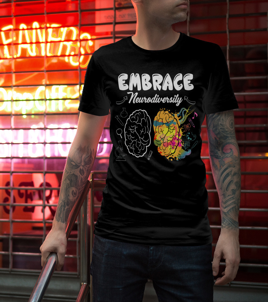 Embrace Neurodiversity Brain Autism Awareness Colorful Science Music Art Icons T-Shirt