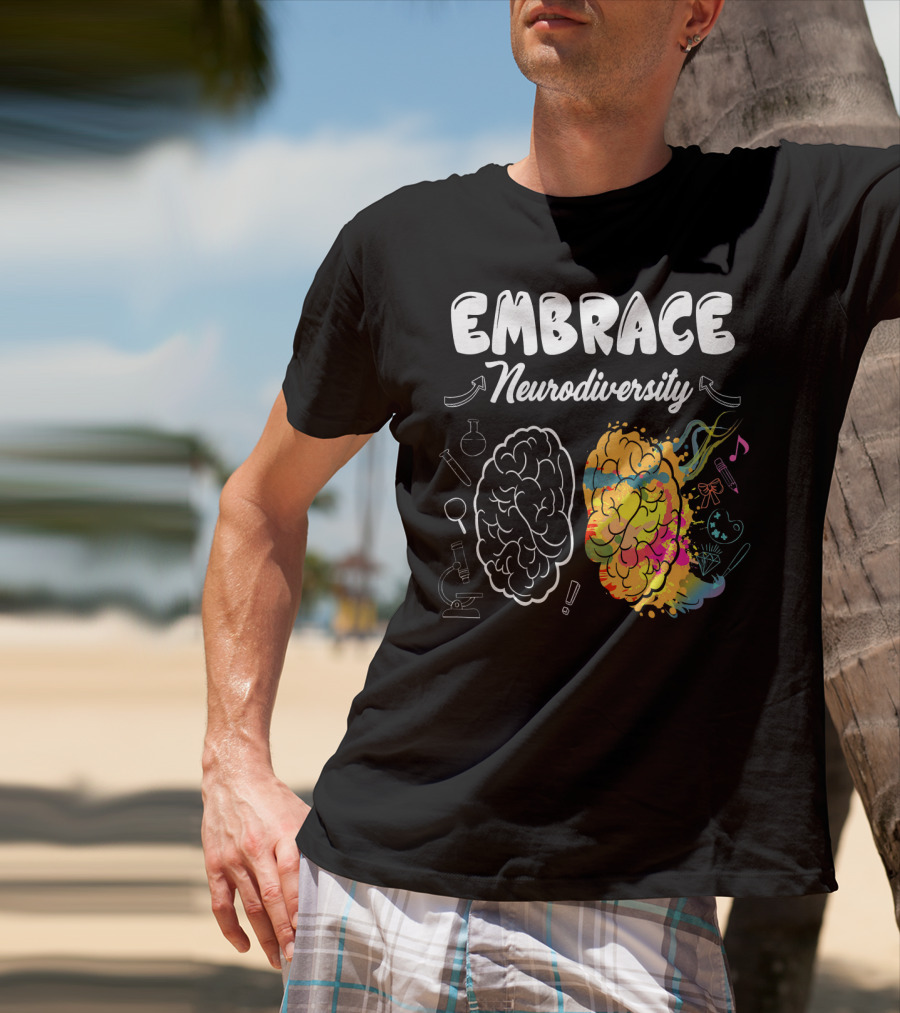 Embrace Neurodiversity Brain Autism Awareness Colorful Science Music Art Icons T-Shirt