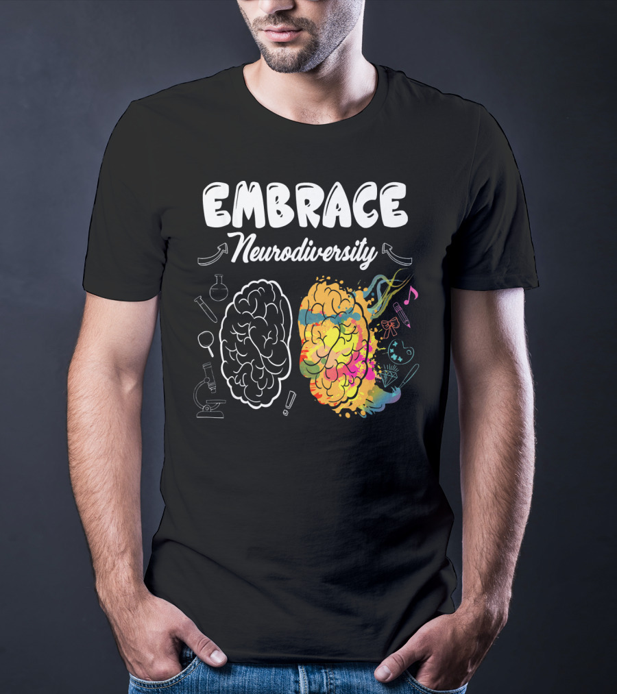Embrace Neurodiversity Brain Autism Awareness Colorful Science Music Art Icons T-Shirt