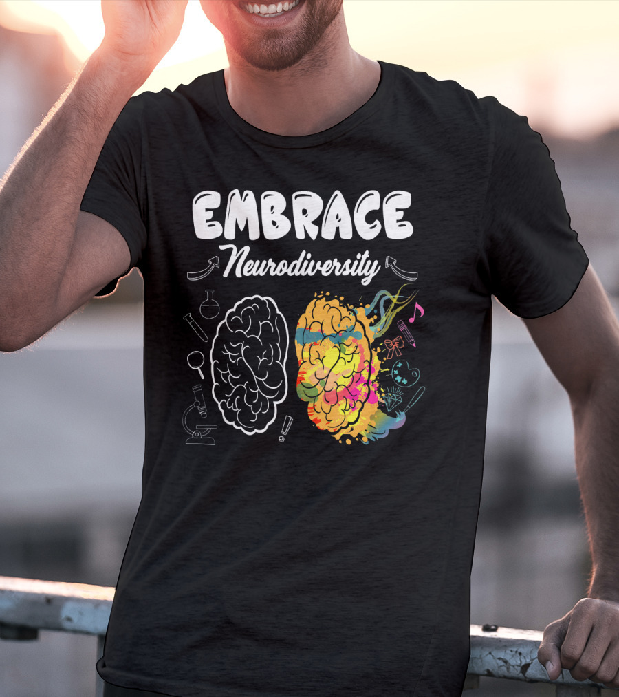 Embrace Neurodiversity Brain Autism Awareness Colorful Science Music Art Icons T-Shirt