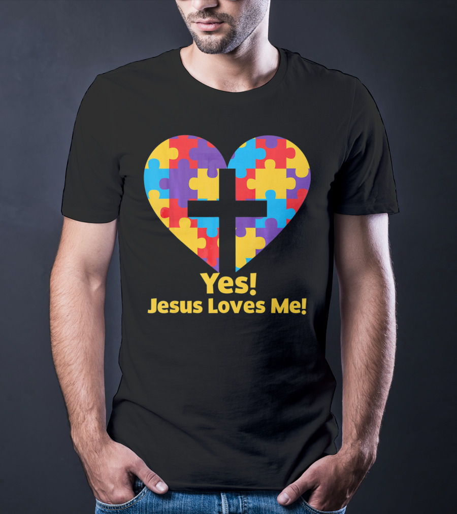 Yes Jesus Loves Me Autism Awareness Catholic Christian Cross Heart Puzzle T-Shirt