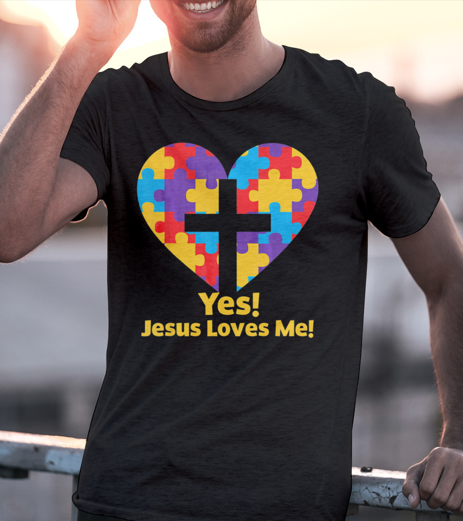Yes Jesus Loves Me Autism Awareness Catholic Christian Cross Heart Puzzle T-Shirt