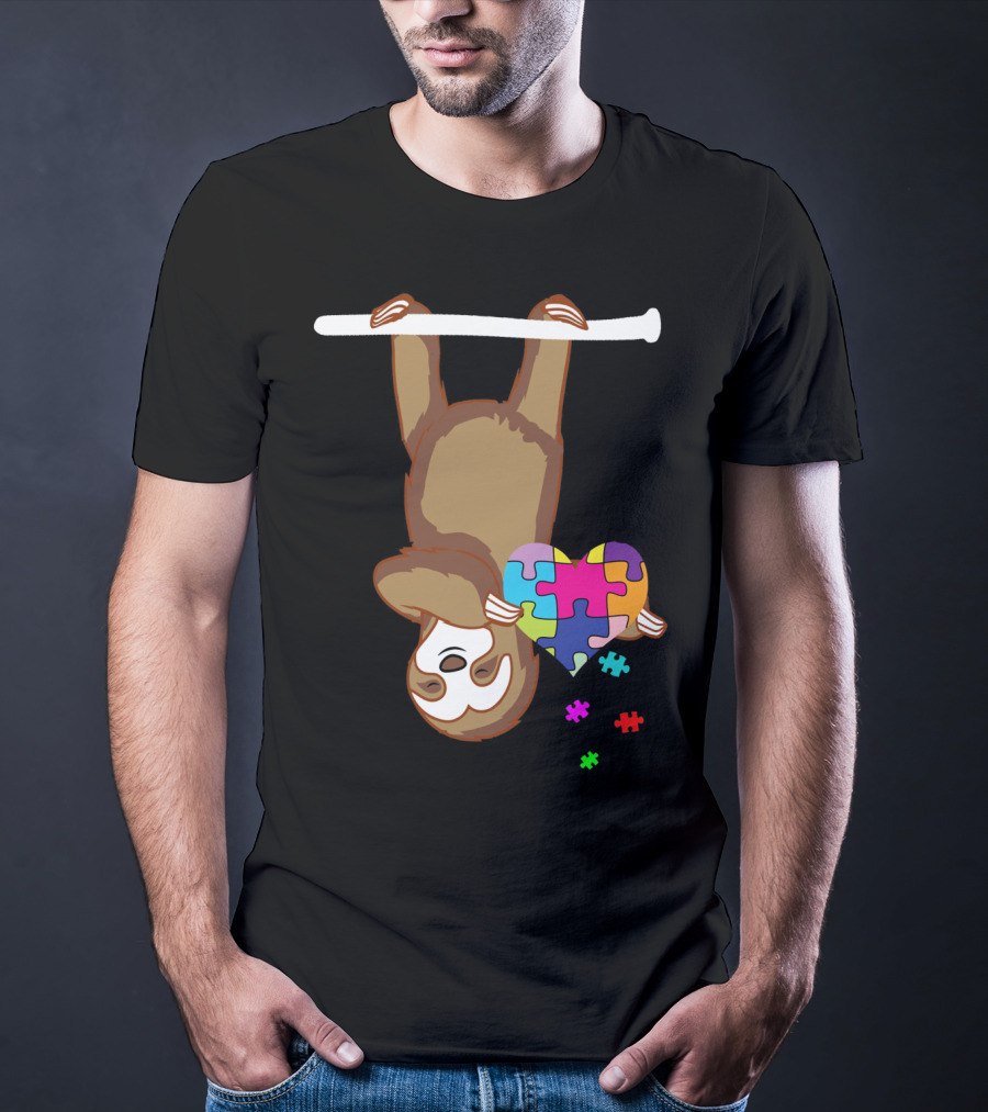 Sloth Holding Puzzle Heart Autism Awareness T-Shirt
