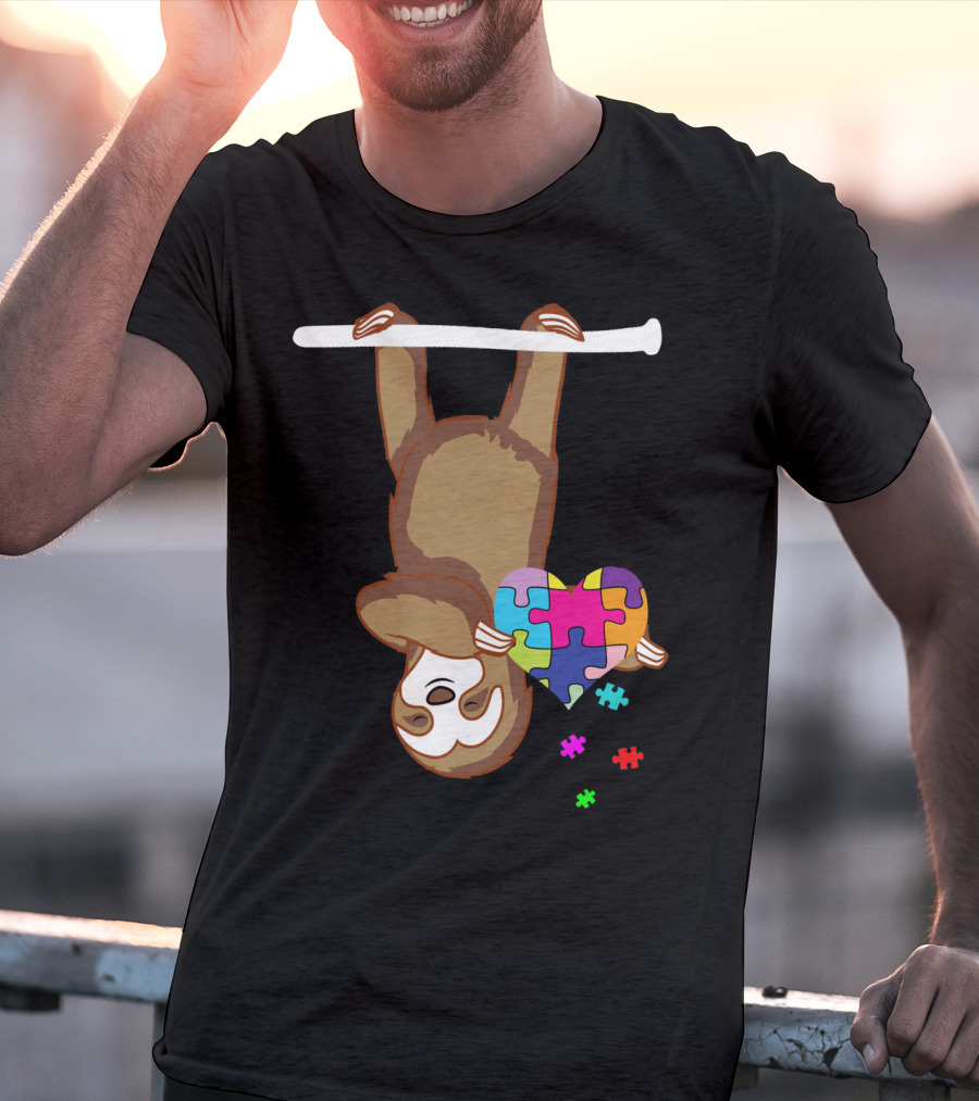 Sloth Holding Puzzle Heart Autism Awareness T-Shirt