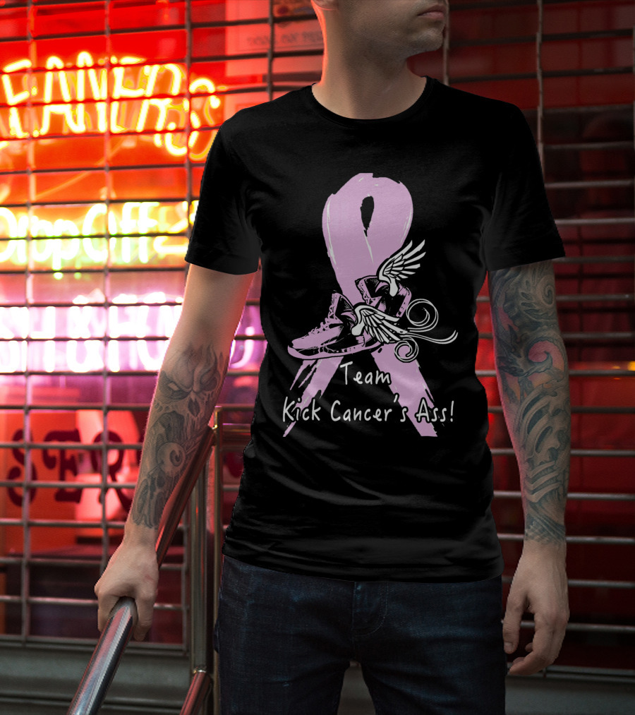 Team Kick Cancer's Ass Ribbon With Winged Sneakers T-Shirt