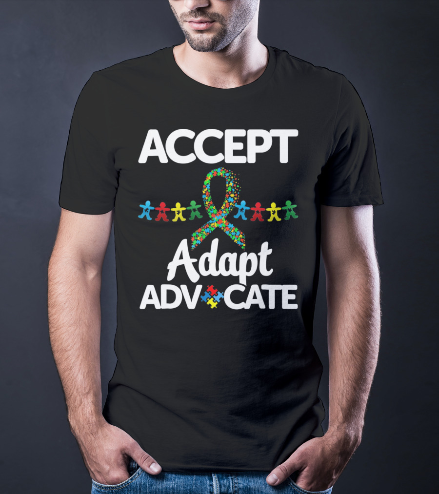Accept Adapt Advocate Autism Awareness Puzzle Ribbon And Figures T-Shirt