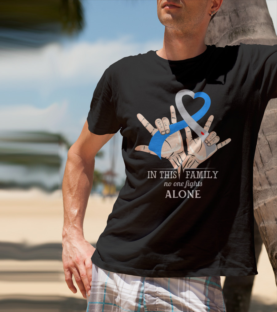 In This Family No One Fights Diabetes Alone Blue Gray Ribbon Hands T-Shirt