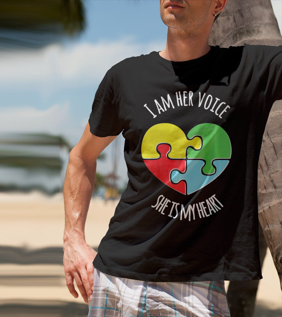I Am Her Voice Autism Awareness She Is My Heart Puzzle Piece T-Shirt