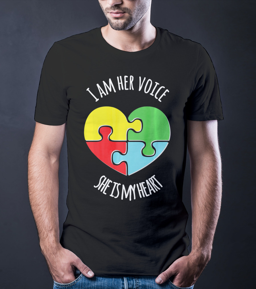 I Am Her Voice Autism Awareness She Is My Heart Puzzle Piece T-Shirt