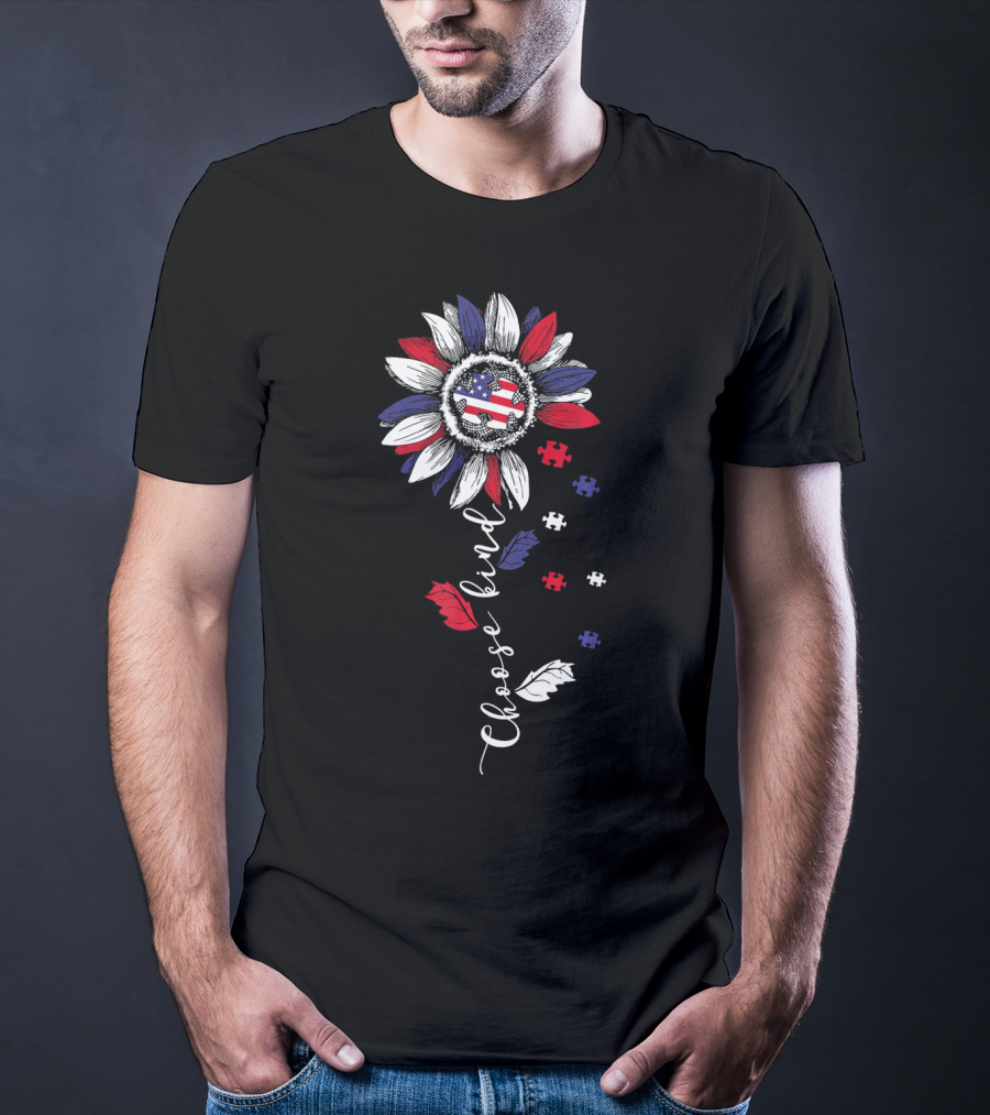 Patriotic Sunflower With Puzzle Pieces And Choose Kind Autism Awareness T-Shirt