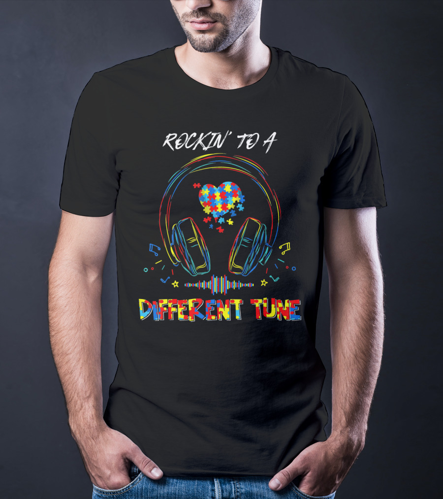 ROCKIN' TO A DIFFERENT TUNE Autism Awareness Headphones Puzzle Heart T-Shirt