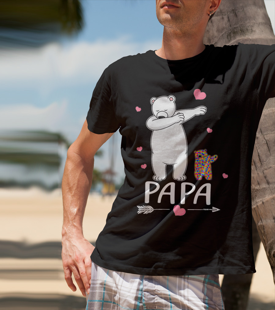 Papa Bear Dabbing With Autism Awareness Puzzle Bear And Hearts T-Shirt