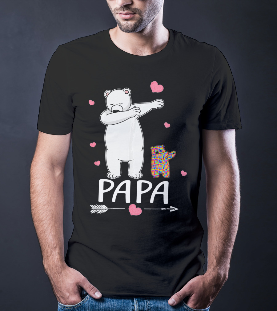 Papa Bear Dabbing With Autism Awareness Puzzle Bear And Hearts T-Shirt