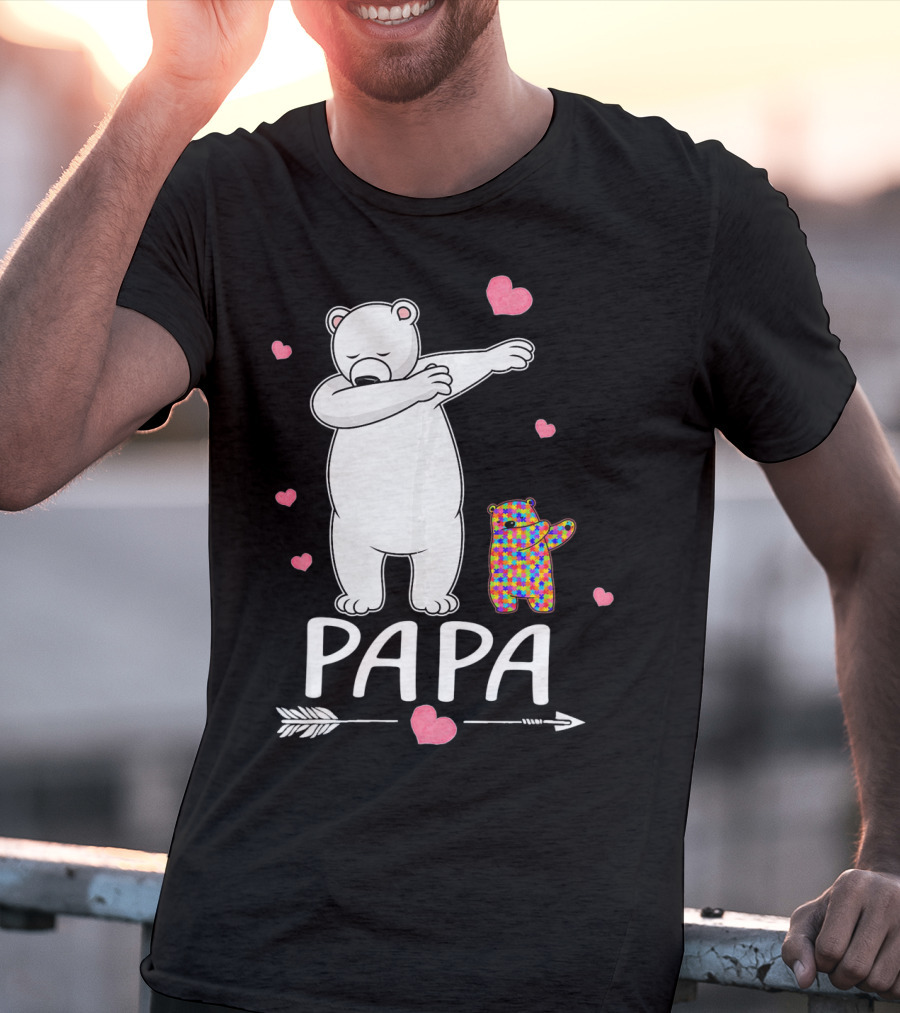 Papa Bear Dabbing With Autism Awareness Puzzle Bear And Hearts T-Shirt