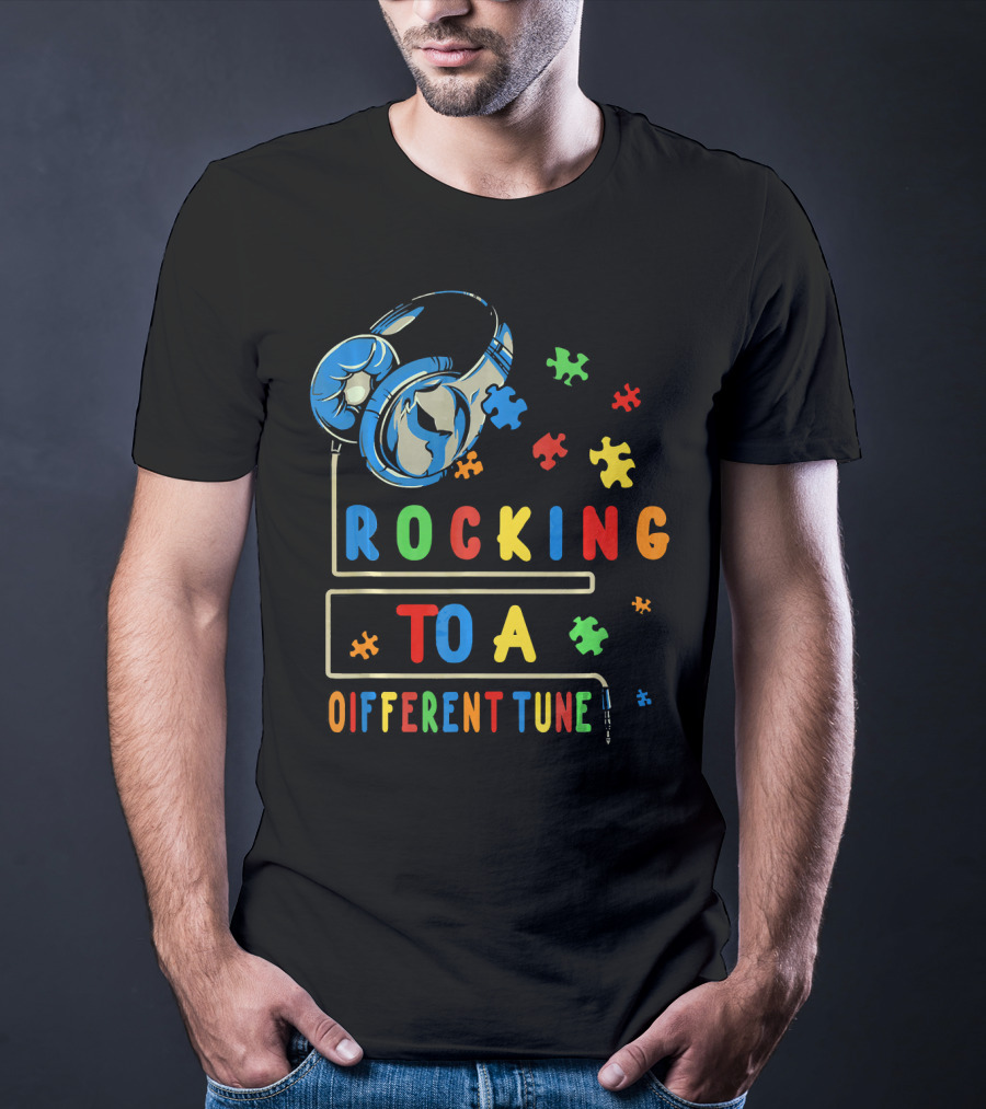 Rocking To A Different Tune Autism Awareness Headphones Puzzle Pieces T-Shirt