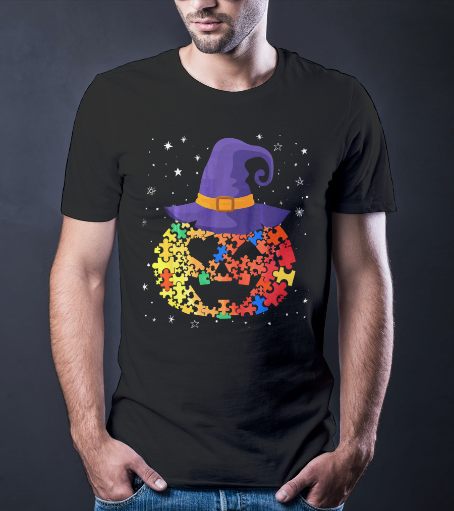 Pumpkin Autism Awareness Halloween Witch Hat Puzzle Piece T-Shirt
