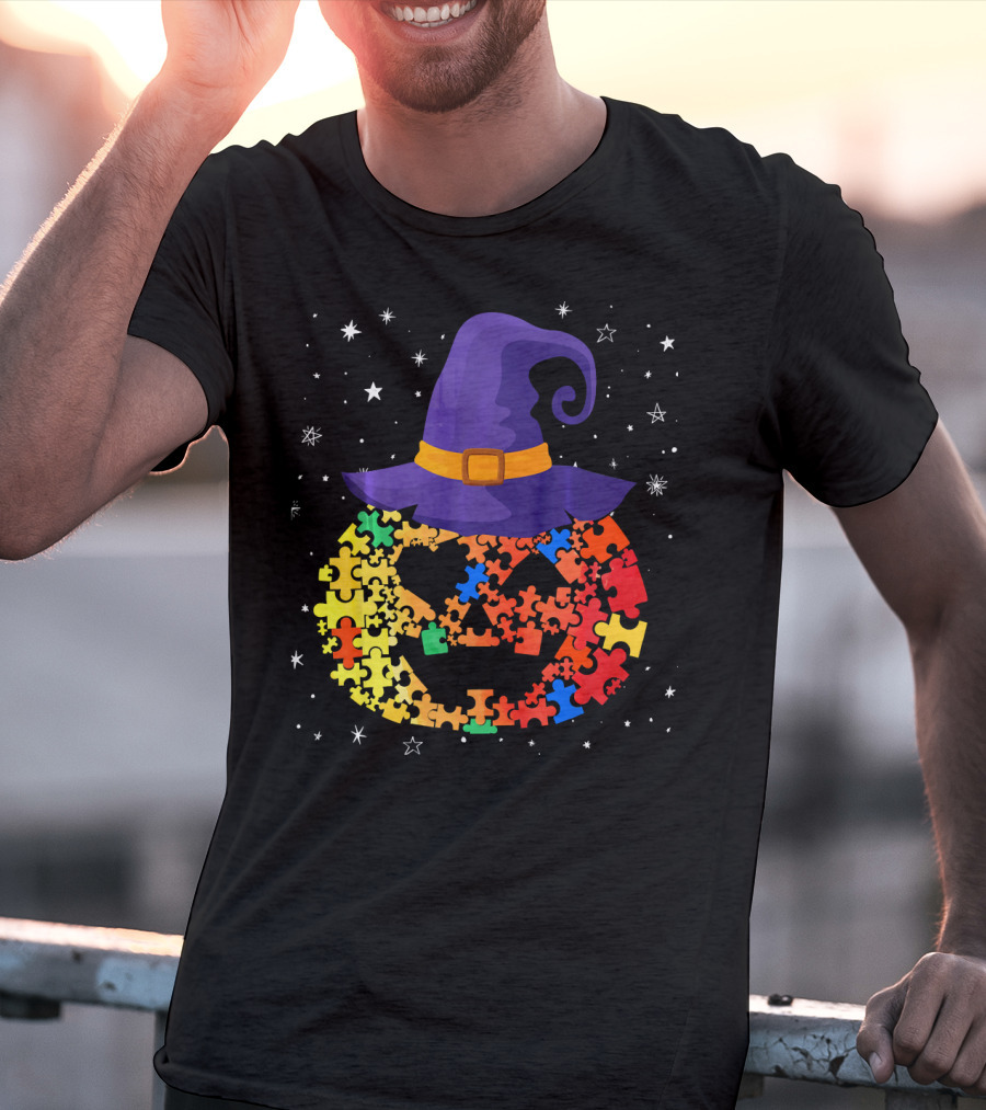 Pumpkin Autism Awareness Halloween Witch Hat Puzzle Piece T-Shirt