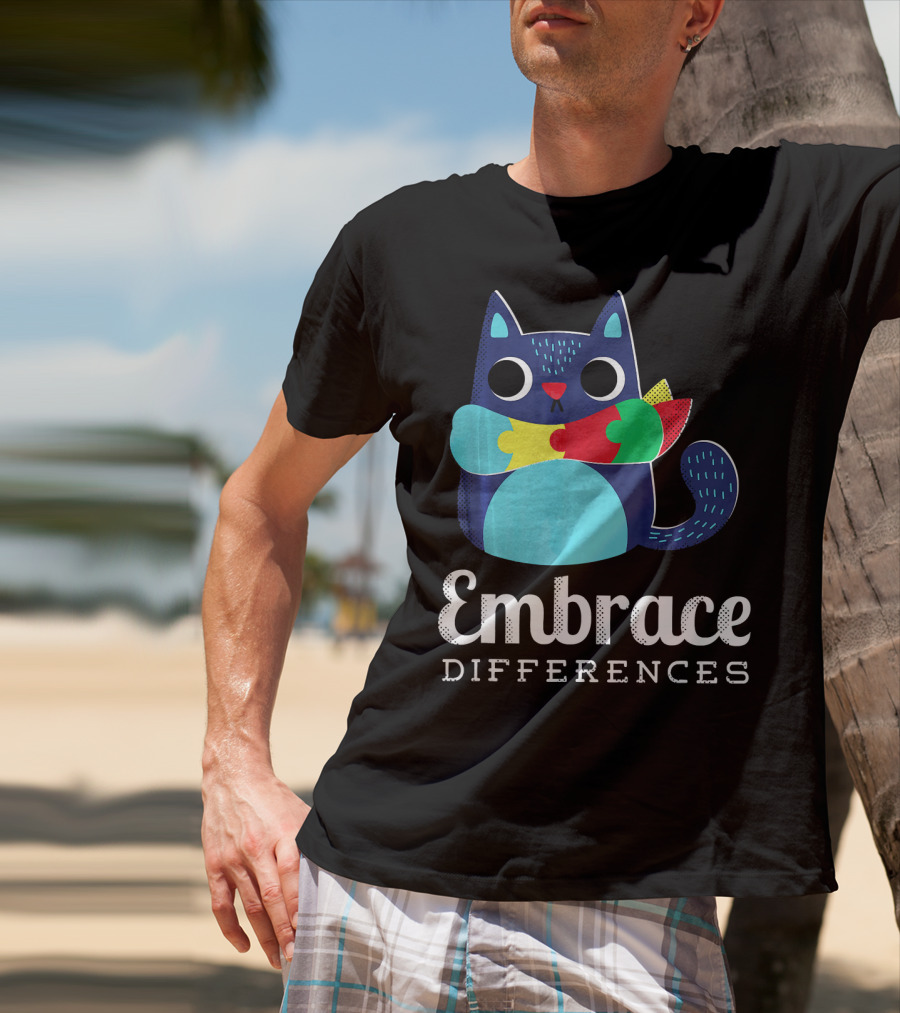 Embrace Differences Autism Support Awareness Puzzle Cat T-Shirt