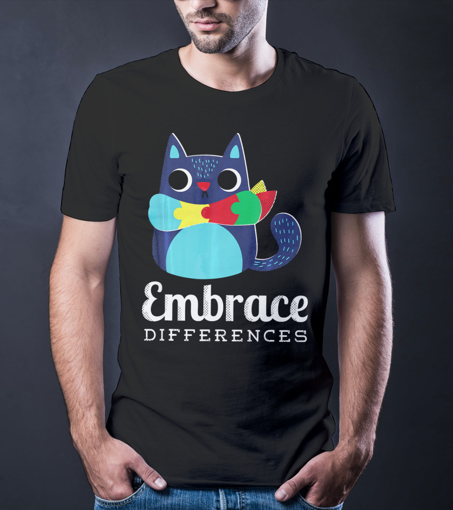 Embrace Differences Autism Support Awareness Puzzle Cat T-Shirt