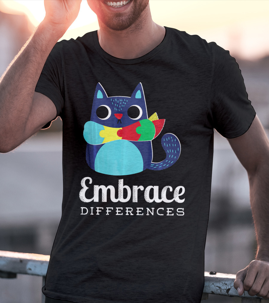 Embrace Differences Autism Support Awareness Puzzle Cat T-Shirt
