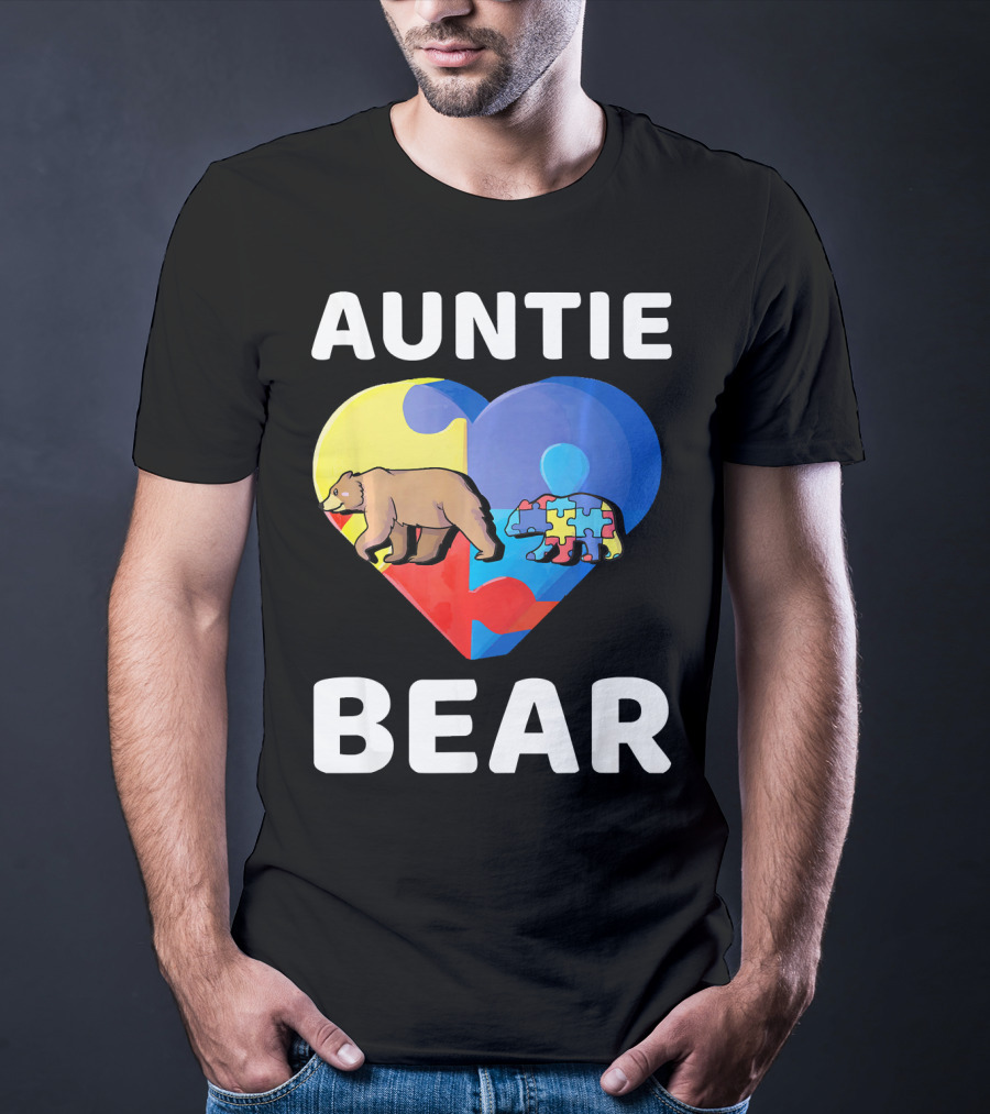 Auntie Bear Heart Puzzle Autism Awareness T-Shirt