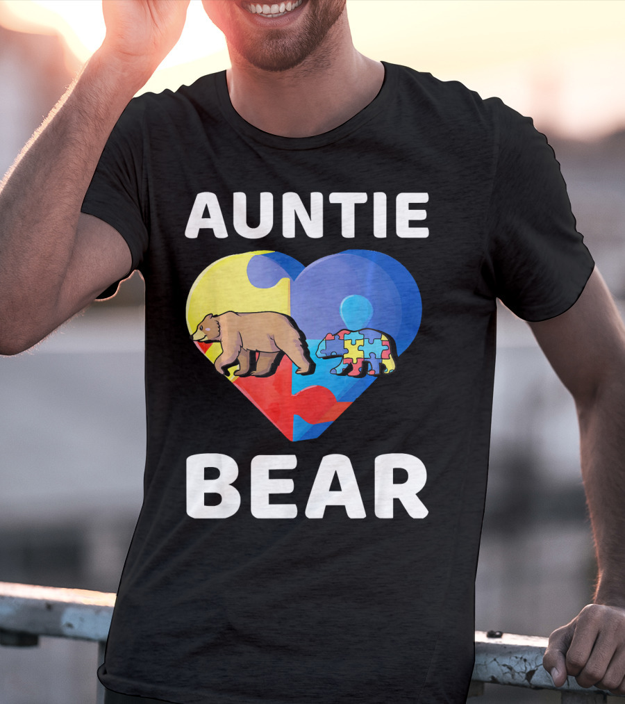 Auntie Bear Heart Puzzle Autism Awareness T-Shirt