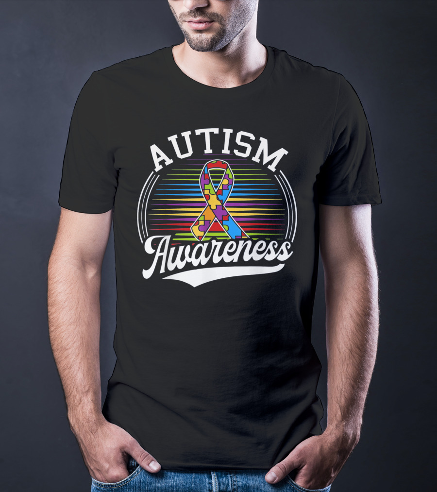 Autism Awareness Puzzle Ribbon With Colorful Lines T-Shirt