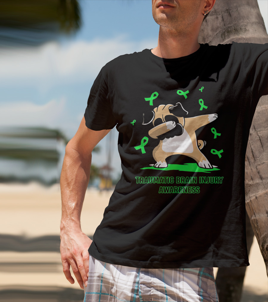 Traumatic Brain Injury Awareness Dabbing Pug Dog With Green Ribbons T-Shirt