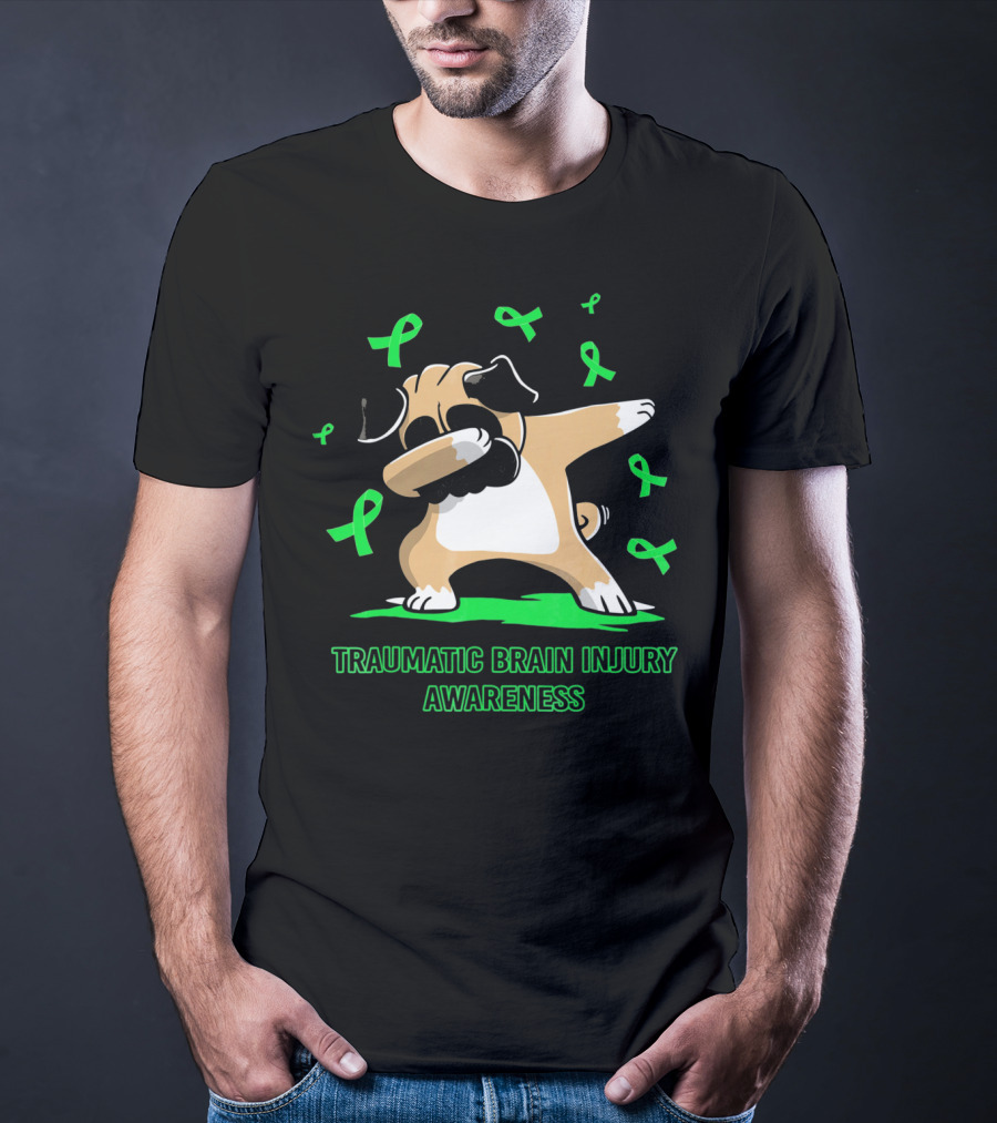 Traumatic Brain Injury Awareness Dabbing Pug Dog With Green Ribbons T-Shirt