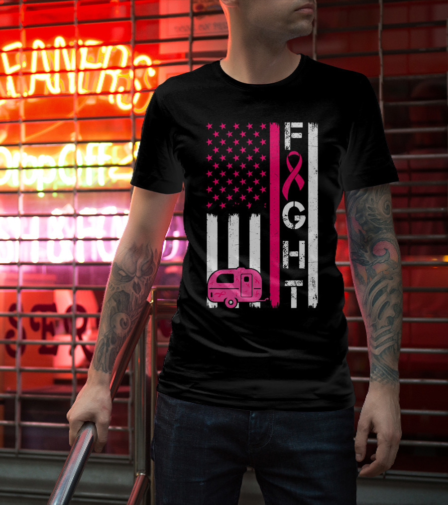 Fight Cancer Ribbon Camping Van American Flag T-Shirt