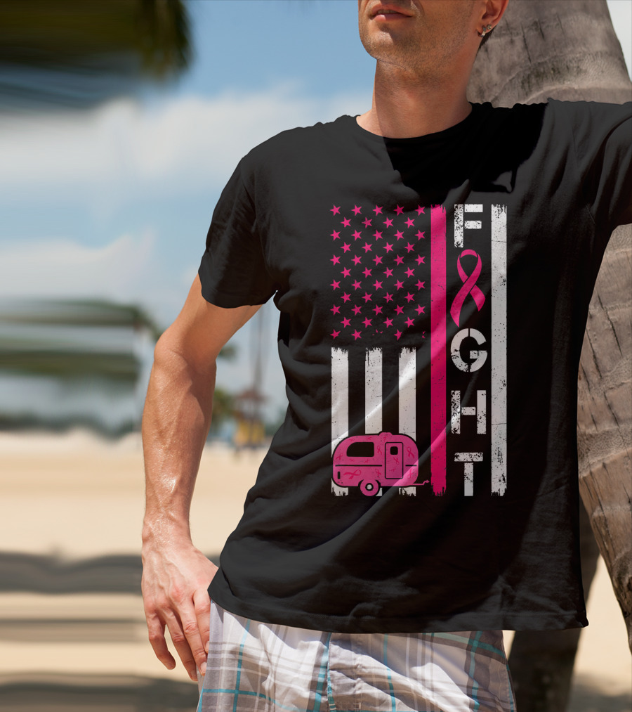 Fight Cancer Ribbon Camping Van American Flag T-Shirt