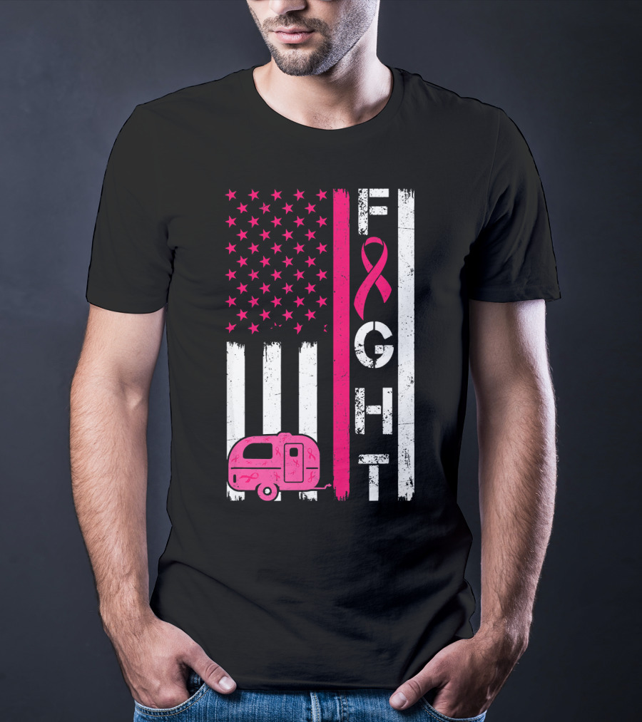 Fight Cancer Ribbon Camping Van American Flag T-Shirt