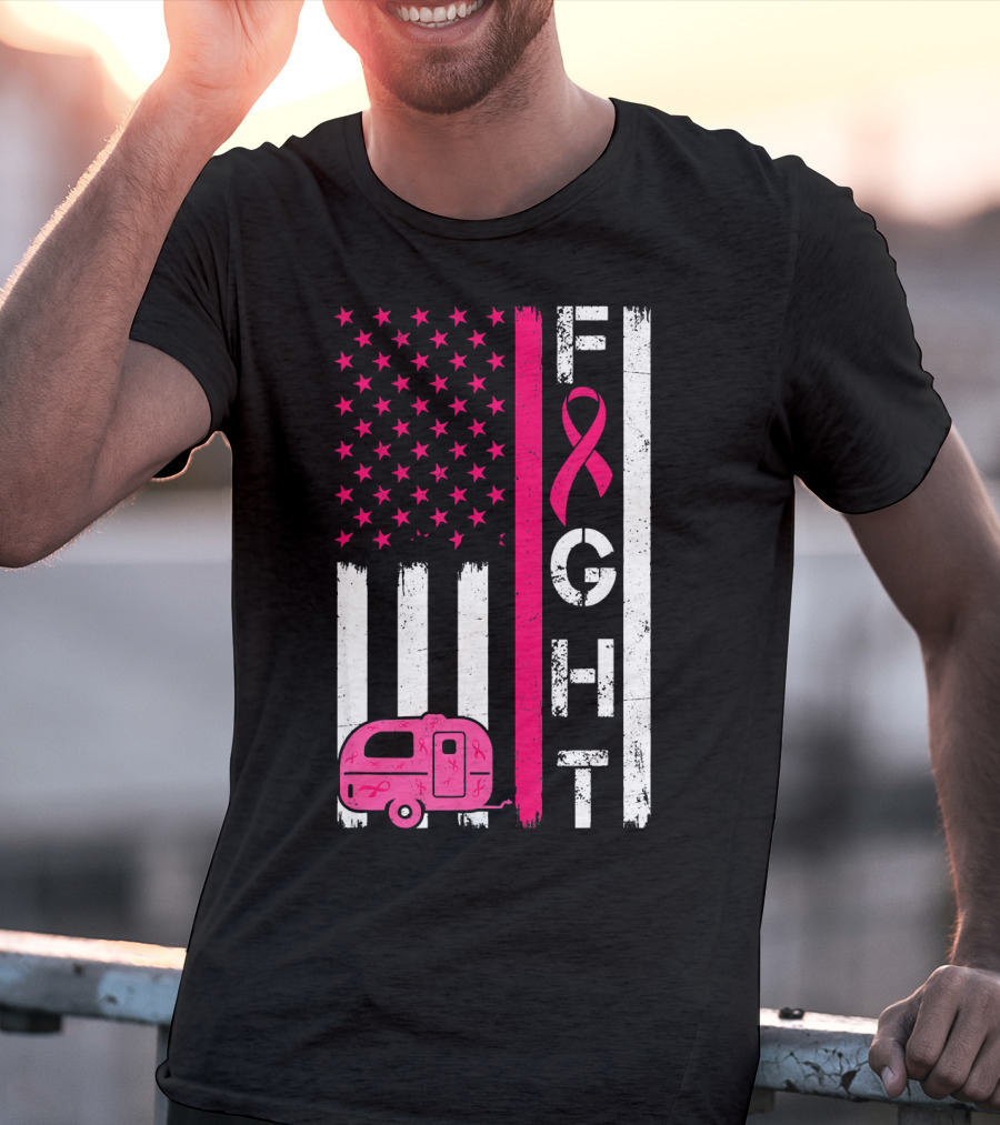 Fight Cancer Ribbon Camping Van American Flag T-Shirt