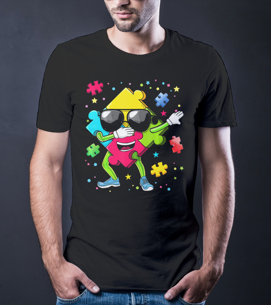 Dabbing Puzzle Piece Funny Autism Awareness Colorful T-Shirt