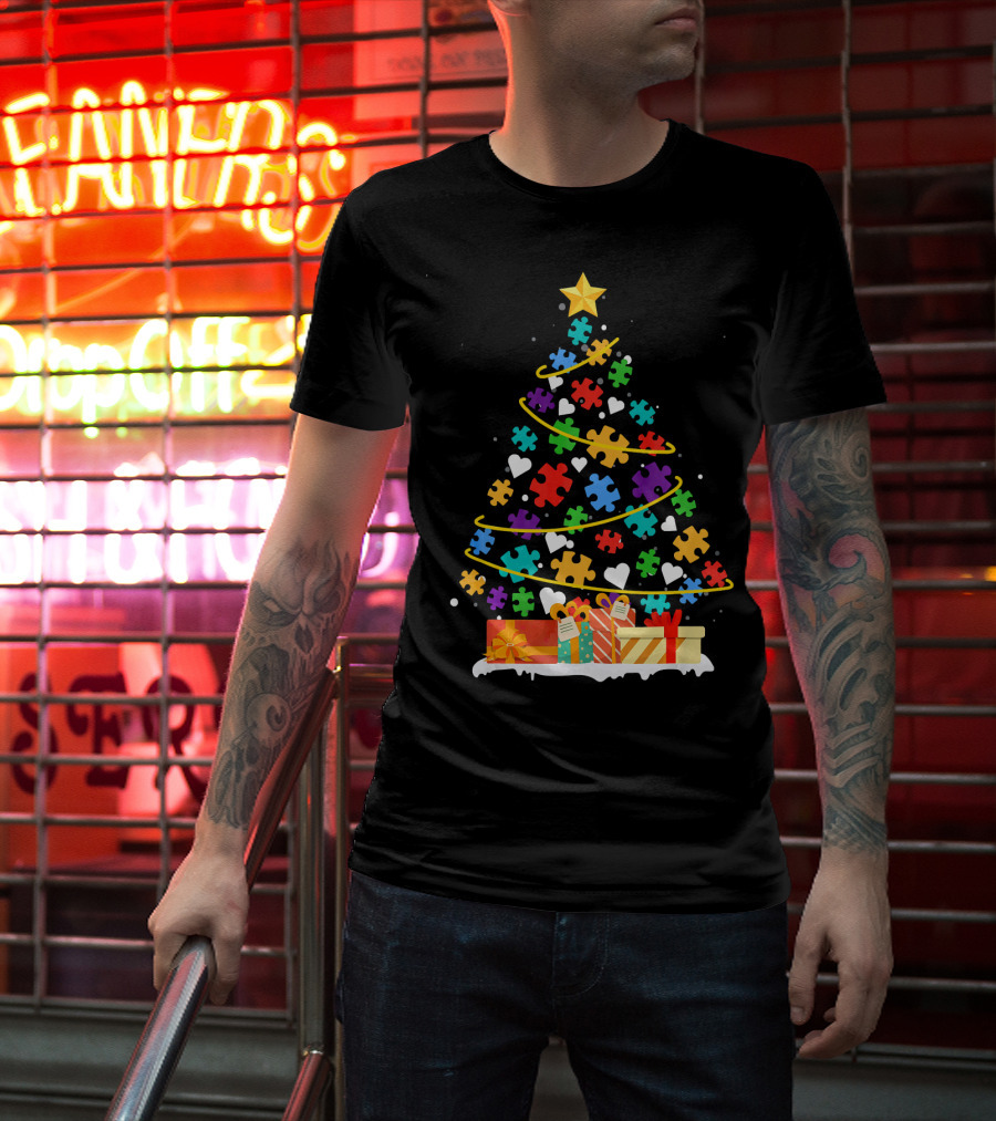 Autism Awareness Puzzle Piece Christmas Tree With Gifts And Hearts T-Shirt
