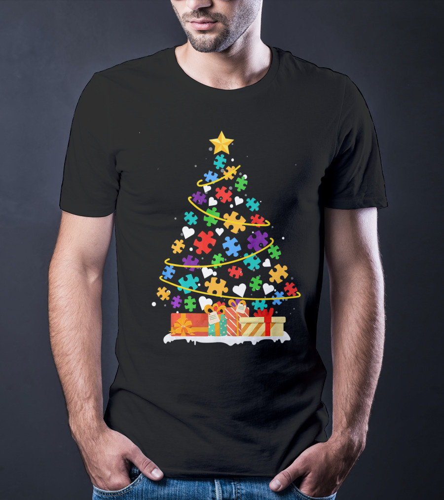 Autism Awareness Puzzle Piece Christmas Tree With Gifts And Hearts T-Shirt