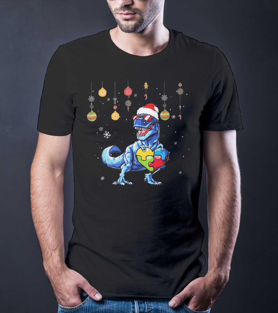 Christmas Dinosaur With Puzzle Heart And Santa Hat T-Shirt