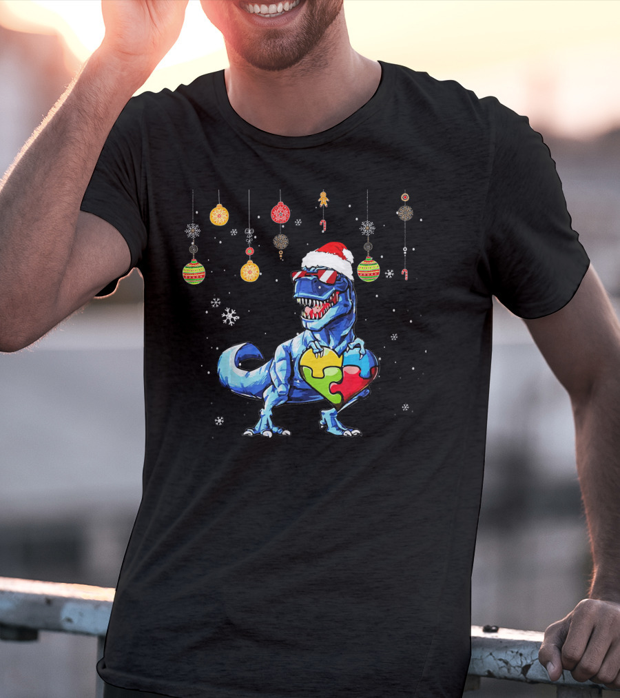 Christmas Dinosaur With Puzzle Heart And Santa Hat T-Shirt