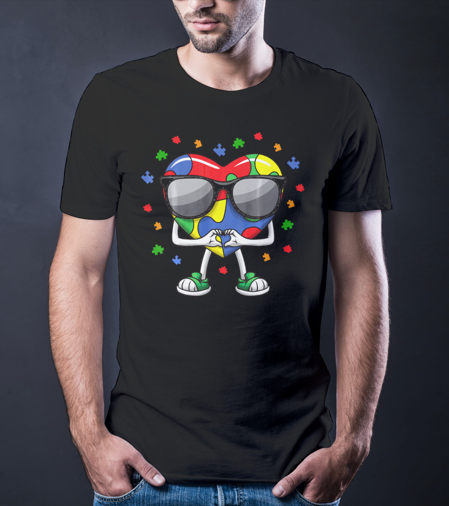 Autism Awareness Month Colorful Puzzle Heart With Sunglasses And Love Gesture T-Shirt
