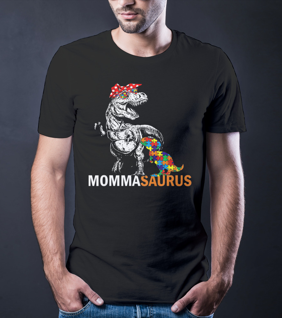 Momma Saurus Dinosaur With Autism Puzzle T-Shirt