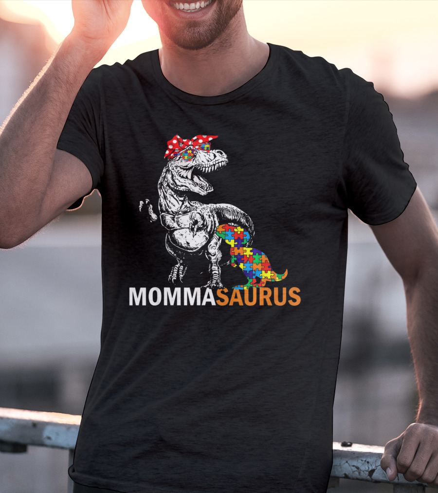 Momma Saurus Dinosaur With Autism Puzzle T-Shirt