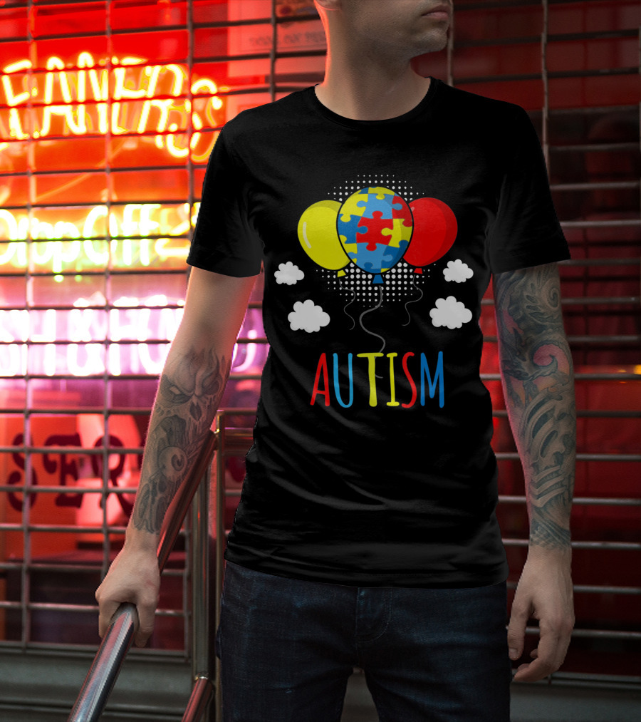 Autism Awareness Puzzle Piece Balloons With Colorful Clouds T-Shirt