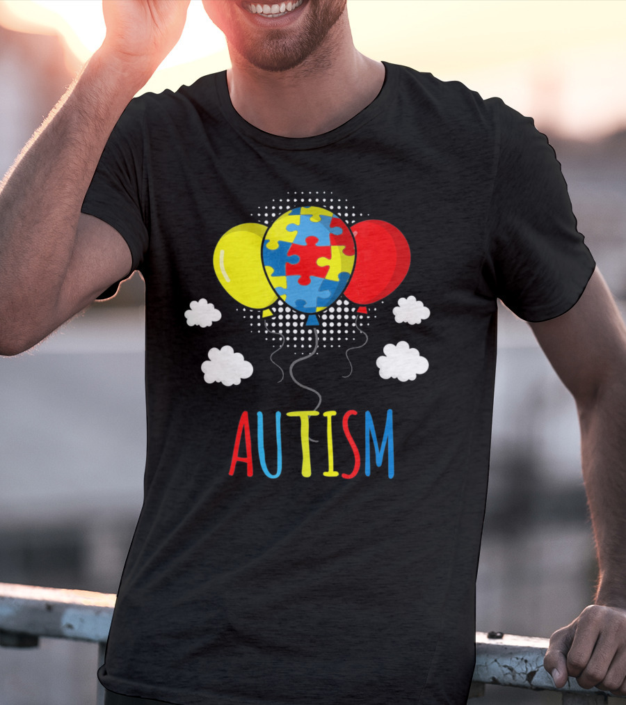 Autism Awareness Puzzle Piece Balloons With Colorful Clouds T-Shirt