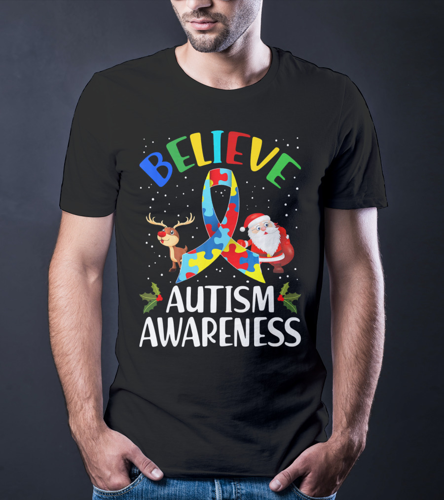Believe Autism Awareness Santa Reindeer Puzzle Christmas T-Shirt
