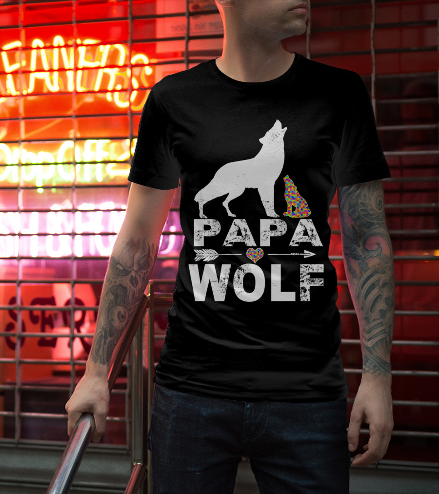 Papa Wolf Autism Awareness Puzzle Heart And Howling Pups T-Shirt